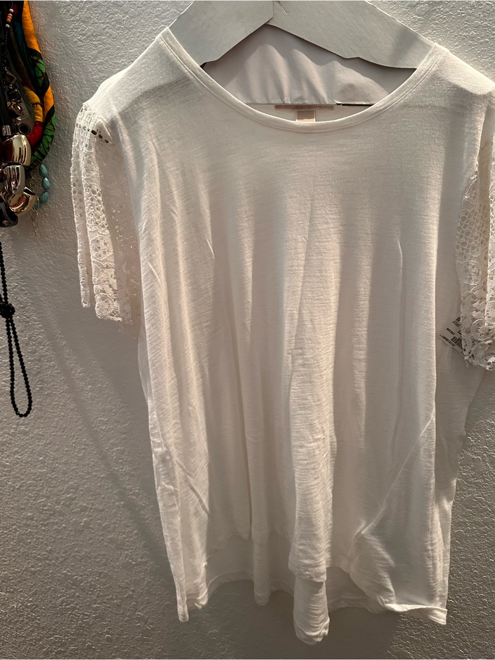 Michael Kors White Short Sleeve Tee with Lace Trim Sleeves